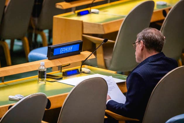 Johann Wadephul (CDU), Bundesaussenminister, aufgenommen in der General Assembly der Vereinten Nationen in New York City, 29.05.2026. Der Minister reist in die USA fuer die Wahl zum nichtstaendigen Sitz im Sicherheitsrat der Vereinten Nationen. Fotografiert im Auftrag des Auswaertigen Amtes New York City Vereinigte Staaten von Amerika *** Johann Wadephul CDU , Federal Foreign Minister, photographed at the General Assembly of the United Nations in New York City, 29 05 2026 The Minister travels to the USA for the election to the non-permanent seat on the United Nations Security Council Photographed on behalf of the Federal Foreign Office New York City United States of America Copyright: xJulianexSonntag AAx