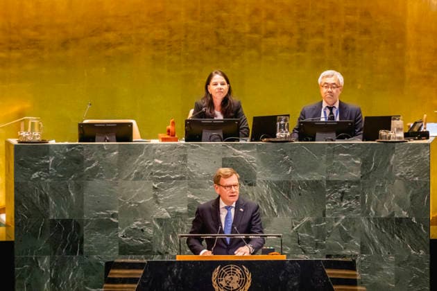 Johann Wadephul (CDU), Bundesaussenminister, aufgenommen in der General Assembly der Vereinten Nationen in New York City, 29.05.2026. Der Minister reist in die USA fuer die Wahl zum nichtstaendigen Sitz im Sicherheitsrat der Vereinten Nationen. Fotografiert im Auftrag des Auswaertigen Amtes New York City Vereinigte Staaten von Amerika *** Johann Wadephul CDU , Federal Foreign Minister, photographed at the General Assembly of the United Nations in New York City, 29 05 2026 The Minister travels to the USA for the election to the non-permanent seat on the United Nations Security Council Photographed on behalf of the Federal Foreign Office New York City United States of America Copyright: xJulianexSonntag AAx