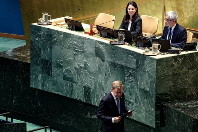 June 1, 2026, New York, New York, USA: GermanyÃ¢â‚¬â ¢s Federal Minister for Foreign Affairs JOHANN WADEPHUL walks from the podium after addressing the UN General Assembly Plenary Debate on mediation, conflict prevention and peaceful dispute resolution as PGA ANNALENA BAERBOCK looks on at UNHQ in New York. New York USA - ZUMAo116 20260601_znp_o116_017 Copyright: xBiancaxOterox