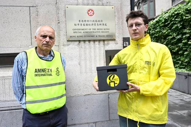 Rally outside the Hong Kong Economic & Trade Office BRUSSELS, BELGIUM - JUNE 02 : Rally outside the Hong Kong Economic & Trade Office organised by Amnesty International and the Belgian trade unions ACV-CSC and FGTB to mark the 37th anniversary of the Tiananmen Square crackdown (4 June).The organisation also intends to call for the release of two prisoners of conscience who are being held simply for attempting to organise a similar protest in Hong Kong on June 2, 2026 in Brussels, Belgium, 02 06 2026 Brussels Belgium  Copyright: xDidierxLebrunx
