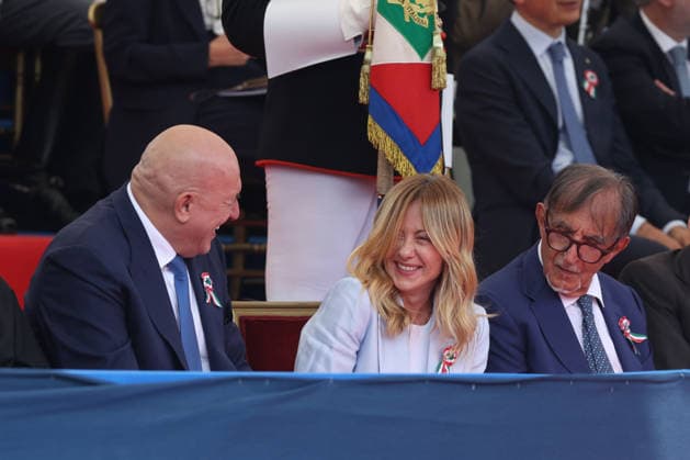 IPA85260569 - Rome, Italy - June 2, 2026: Guido Crosetto, Giorgia Meloni, Ignazio la Russian, Segio Mattarella. Heads of state and government guests of the Republic Day celebrations attend the traditional military parade along the Imperial Forum, in the presence of the President of the Republic. The ceremony, which pays tribute to the values of the Republic and the Armed Forces, takes place in the heart of the Capital in front of Italy s highest institutional officials and international delegations.  Copyright: xmarcoxiacobuccix xmarcoxiacobuccix 85260569