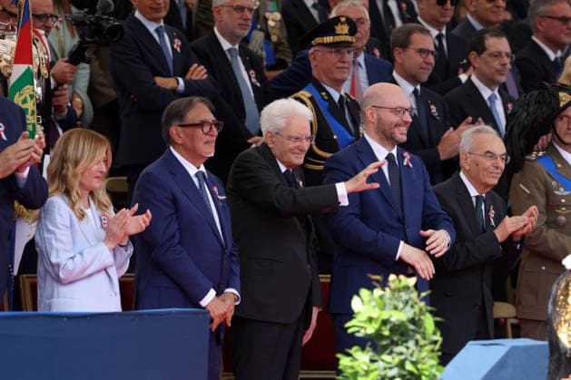 IPA85260581 - Rome, Italy - June 2, 2026: Guido Crosetto, Giorgia Meloni, Ignazio la Russian, Segio Mattarella, Lorenzo Fontana. Heads of state and government guests of the Republic Day celebrations attend the traditional military parade along the Imperial Forum, in the presence of the President of the Republic. The ceremony, which pays tribute to the values of the Republic and the Armed Forces, takes place in the heart of the Capital in front of Italy s highest institutional officials and international delegations.  Copyright: xmarcoxiacobuccix xmarcoxiacobuccix 85260581