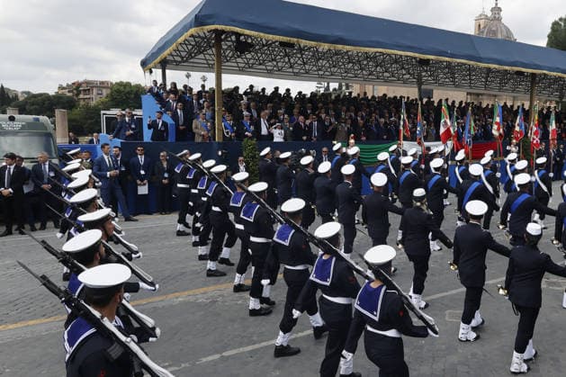 Italy marks 80th anniversary of Republic Day ROME, ITALY - JUNE 02: Soldiers march during a military parade marking the 80th anniversary of the Italian Republic in Rome, Italy, on June 2, 2026. Riccardo De Luca Anadolu Rome Italy. Editorial use only. Please get in touch for any other usage.  Copyright: x2026xAnadoluxRiccardoxDexLucax