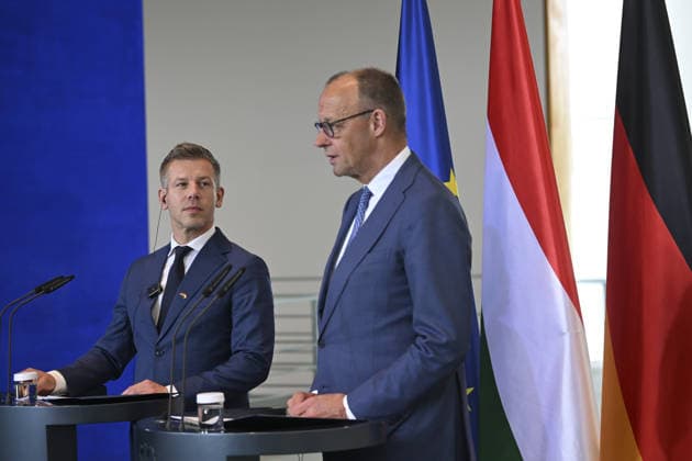 Hungarian Prime Minister Peter Magyar in Germany BERLIN, GERMANY - JUNE 2: Hungarian Prime Minister Peter Magyar (L) and German Chancellor Friedrich Merz hold a joint press conference at the Chancellery in Berlin, Germany, on June 2, 2026. Halil Sagirkaya Anadolu Berlin Germany. Editorial use only. Please get in touch for any other usage.  Copyright: x2026xAnadoluxHalilxSagirkayax