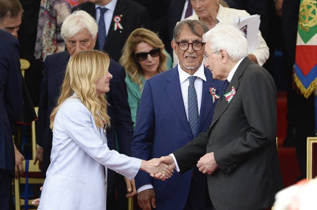 Foto IPP Marco Mattei Roma 02 06 2026 80 Anniversario della Festa della Repubblica la Rivista Militare ai Fori Imperiali nella foto Giorgia Meloni IGnazio La Russa Sergio Mattarella Italy Photo Press - World Copyright . *** Photo IPP Marco Mattei Rome 02 06 2026 80 Anniversary of Republic Day the Military Review at the Imperial Forums in the photo Giorgia Meloni IGnazio La Russa Sergio Mattarella Italy Photo Press World Copyright 
