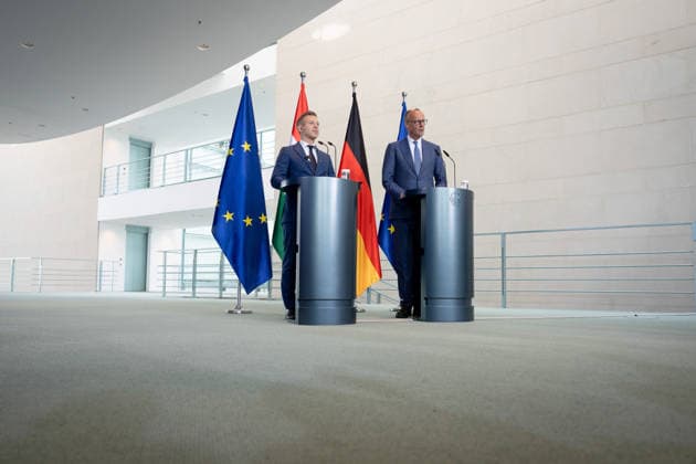 Friedrich Merz, Bundeskanzler, Ministerpräsident, Péter Magyar Berlin, Bundeskanzleramt, Pressekonferenz, Friedrich Merz, Bundeskanzler, Ministerpräsident, Ungarn, Péter Magyar Berlin Berlin GER *** Friedrich Merz, Federal Chancellor, Prime Minister, Péter Magyar Berlin, Federal Chancellery, Press conference, Friedrich Merz, Federal Chancellor, Prime Minister, Hungary, Péter Magyar Berlin Berlin GER
