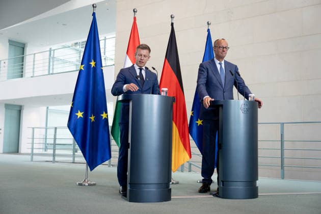 Friedrich Merz, Bundeskanzler, Ministerpräsident, Péter Magyar Berlin, Bundeskanzleramt, Pressekonferenz, Friedrich Merz, Bundeskanzler, Ministerpräsident, Ungarn, Péter Magyar Berlin Berlin GER *** Friedrich Merz, Federal Chancellor, Prime Minister, Péter Magyar Berlin, Federal Chancellery, Press conference, Friedrich Merz, Federal Chancellor, Prime Minister, Hungary, Péter Magyar Berlin Berlin GER
