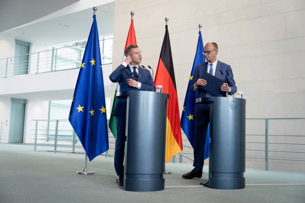 Friedrich Merz, Bundeskanzler, Ministerpräsident, Péter Magyar Berlin, Bundeskanzleramt, Pressekonferenz, Friedrich Merz, Bundeskanzler, Ministerpräsident, Ungarn, Péter Magyar Berlin Berlin GER *** Friedrich Merz, Federal Chancellor, Prime Minister, Péter Magyar Berlin, Federal Chancellery, Press conference, Friedrich Merz, Federal Chancellor, Prime Minister, Hungary, Péter Magyar Berlin Berlin GER