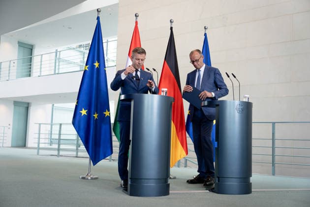 Friedrich Merz, Bundeskanzler, Ministerpräsident, Péter Magyar Berlin, Bundeskanzleramt, Pressekonferenz, Friedrich Merz, Bundeskanzler, Ministerpräsident, Ungarn, Péter Magyar Berlin Berlin GER *** Friedrich Merz, Federal Chancellor, Prime Minister, Péter Magyar Berlin, Federal Chancellery, Press conference, Friedrich Merz, Federal Chancellor, Prime Minister, Hungary, Péter Magyar Berlin Berlin GER
