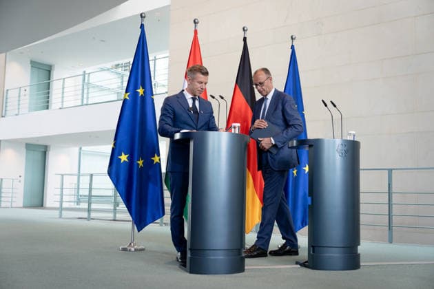 Friedrich Merz, Bundeskanzler, Ministerpräsident, Péter Magyar Berlin, Bundeskanzleramt, Pressekonferenz, Friedrich Merz, Bundeskanzler, Ministerpräsident, Ungarn, Péter Magyar Berlin Berlin GER *** Friedrich Merz, Federal Chancellor, Prime Minister, Péter Magyar Berlin, Federal Chancellery, Press conference, Friedrich Merz, Federal Chancellor, Prime Minister, Hungary, Péter Magyar Berlin Berlin GER
