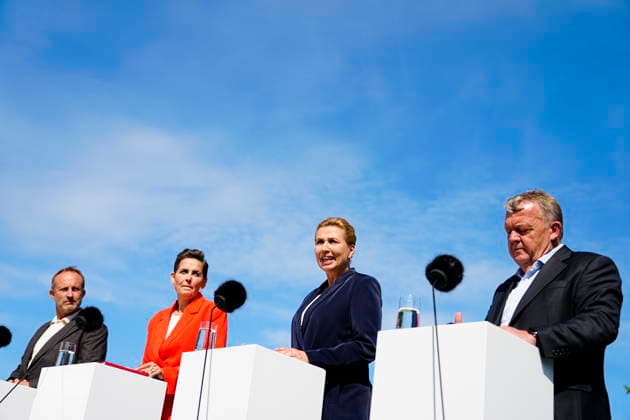 DENMARK Government Platform Presented Party leaders Martin Lidegaard (The Social Liberal Party), Pia Olsen Dyhr (SF), incoming Prime Minister Mette Frederiksen (Social Democrats), and Lars Loekke Rasmussen (Moderates) present the government platform for a new government in Denmark, at Marienborg in Kongens Lyngby, Tuesday, June 2, 2026. (Photo: Mads Claus Rasmussen Scanpix 2026) , Kgs. Lyngby Denmark *** DENMARK Government Platform Presented Party leaders Martin Lidegaard The Social Liberal Party , Pia Olsen Dyhr SF , incoming Prime Minister Mette Frederiksen Social Democrats , and Lars Loekke Rasmussen Moderates present the government platform for a new government in Denmark, at Marienborg in Kongens Lyngby, Tuesday, June 2, 2026 Photo M  Copyright: MadsxClausxRasmussenx spdk20260602-160904-L