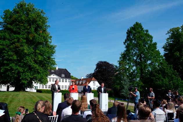 DENMARK Government Platform Presented Party leaders Martin Lidegaard (The Social Liberal Party), Pia Olsen Dyhr (SF), incoming Prime Minister Mette Frederiksen (Social Democrats), and Lars Loekke Rasmussen (Moderates) present the government platform for a new government in Denmark, at Marienborg in Kongens Lyngby, Tuesday, June 2, 2026. (Photo: Mads Claus Rasmussen Scanpix 2026) , Kgs. Lyngby Denmark *** DENMARK Government Platform Presented Party leaders Martin Lidegaard The Social Liberal Party , Pia Olsen Dyhr SF , incoming Prime Minister Mette Frederiksen Social Democrats , and Lars Loekke Rasmussen Moderates present the government platform for a new government in Denmark, at Marienborg in Kongens Lyngby, Tuesday, June 2, 2026 Photo M  Copyright: LiselottexSabroex spdk20260602-161135-L
