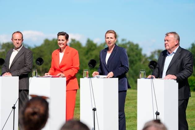 DENMARK Government Platform Presented Party leaders Martin Lidegaard (The Social Liberal Party), Pia Olsen Dyhr (SF), incoming Prime Minister Mette Frederiksen (Social Democrats), and Lars Loekke Rasmussen (Moderates) present the government platform for a new government in Denmark, at Marienborg in Kongens Lyngby, Tuesday, June 2, 2026. (Photo: Mads Claus Rasmussen Scanpix 2026) , Kgs. Lyngby Denmark *** DENMARK Government Platform Presented Party leaders Martin Lidegaard The Social Liberal Party , Pia Olsen Dyhr SF , incoming Prime Minister Mette Frederiksen Social Democrats , and Lars Loekke Rasmussen Moderates present the government platform for a new government in Denmark, at Marienborg in Kongens Lyngby, Tuesday, June 2, 2026 Photo M  Copyright: LiselottexSabroex spdk20260602-160154-L