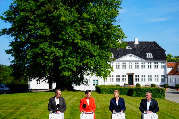 DENMARK Government Platform Presented Party leaders Martin Lidegaard (The Social Liberal Party), Pia Olsen Dyhr (SF), incoming Prime Minister Mette Frederiksen (Social Democrats), and Lars Loekke Rasmussen (Moderates) present the government platform for a new government in Denmark, at Marienborg in Kongens Lyngby, Tuesday, June 2, 2026. (Photo: Mads Claus Rasmussen Scanpix 2026) , Kgs. Lyngby Denmark *** DENMARK Government Platform Presented Party leaders Martin Lidegaard The Social Liberal Party , Pia Olsen Dyhr SF , incoming Prime Minister Mette Frederiksen Social Democrats , and Lars Loekke Rasmussen Moderates present the government platform for a new government in Denmark, at Marienborg in Kongens Lyngby, Tuesday, June 2, 2026 Photo M  Copyright: MadsxClausxRasmussenx spdk20260602-160613-L