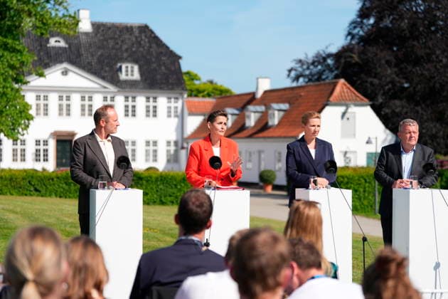 DENMARK Government Platform Presented Party leaders Martin Lidegaard (The Social Liberal Party), Pia Olsen Dyhr (SF), incoming Prime Minister Mette Frederiksen (Social Democrats), and Lars Loekke Rasmussen (Moderates) present the government platform for a new government in Denmark, at Marienborg in Kongens Lyngby, Tuesday, June 2, 2026. (Photo: Mads Claus Rasmussen Scanpix 2026) , Kgs. Lyngby Denmark *** DENMARK Government Platform Presented Party leaders Martin Lidegaard The Social Liberal Party , Pia Olsen Dyhr SF , incoming Prime Minister Mette Frederiksen Social Democrats , and Lars Loekke Rasmussen Moderates present the government platform for a new government in Denmark, at Marienborg in Kongens Lyngby, Tuesday, June 2, 2026 Photo M  Copyright: LiselottexSabroex spdk20260602-161028-L