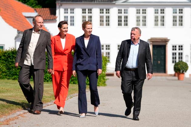 DENMARK Government Platform Presented Party leaders Martin Lidegaard (Radikale Venstre), Pia Olsen Dyhr (SF), incoming Prime Minister Mette Frederiksen (Socialdemokratiet), and Lars Loekke Rasmussen (Moderaterne) present the government platform for a new government in Denmark, at Marienborg in Kongens Lyngby, Tuesday, June 2, 2026. (Photo: Liselotte Sabroe Scanpix 2026) , Kgs. Lyngby Denmark *** DENMARK Government Platform Presented Party leaders Martin Lidegaard Radikale Venstre , Pia Olsen Dyhr SF , incoming Prime Minister Mette Frederiksen Socialdemokratiet , and Lars Loekke Rasmussen Moderaterne present the government platform for a new government in Denmark, at Marienborg in Kongens Lyngby, Tuesday, June 2, 2026 Photo Liselotte Sabro  Copyright: LiselottexSabroex spdk20260602-160011-L