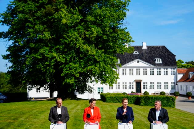 DENMARK Government Platform Presented Party leaders Mette Frederiksen (S), Pia Olsen Dyhr (SF), Lars Loekke Rasmussen (M), and Martin Lidegaard (RV) present the government platform for a new government in Denmark, at Marienborg on Tuesday, June 2, 2026. (Photo: Mads Claus Rasmussen Scanpix 2026) , Kgs. Lyngby Denmark *** DENMARK Government Platform Presented Party leaders Mette Frederiksen S , Pia Olsen Dyhr SF , Lars Loekke Rasmussen M , and Martin Lidegaard RV present the government platform for a new government in Denmark, at Marienborg on Tuesday, June 2, 2026 Photo Mads Claus Rasmussen Scanpix 2026 , Kgs Lyngby Denmark  Copyright: MadsxClausxRasmussenx spdk20260602-160637-L