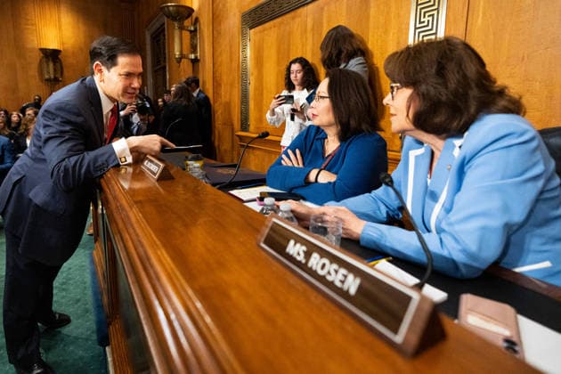 Secretary of State Marco Rubio UNITED STATES - JUNE 2: Secretary of State Marco Rubio speaks to Sen. Tammy Duckworth, D-Ill., and Sen. Jacky Rosen, D-Nev., before the start of the Senate Foreign Relations Committee hearing on the budget request for the State Department in the Dirksen Senate Office Building on Tuesday, June 2, 2026. (Bill Clark CQ Roll Call) Washington DC United States EDITORIAL USE ONLY Copyright: x 2026xCQxRollxCallx BillxClarkx rollcallpix171281