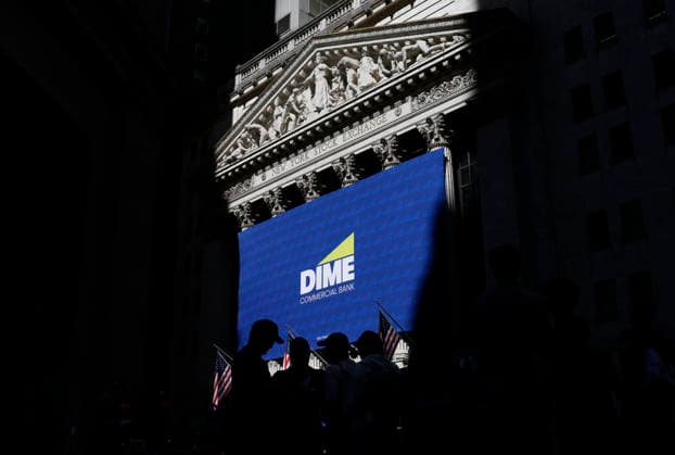 Dime Commercial Bank banners hang at the entrance to the New York Stock Exchange on Wall Street on Tuesday, June 2, 2026 in New York City. According to Tuesday s Job Openings and Labor Turnover Survey, Job openings surged in April to reach their highest level since May 2024.  NYP20260602103 JOHNxANGELILLO