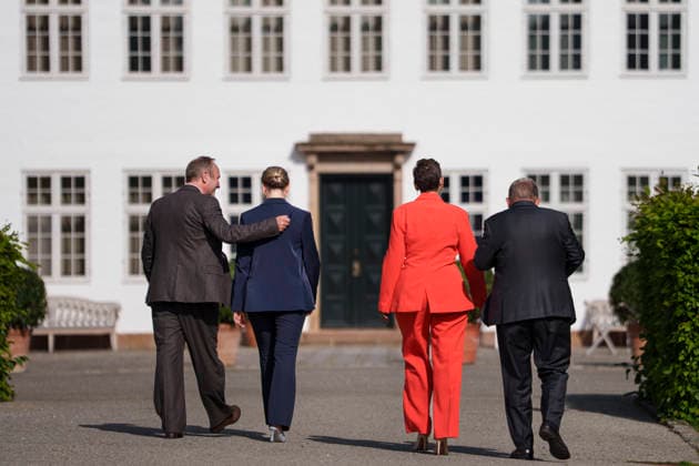 DENMARK The Government Platform is Presented Party leaders Martin Lidegaard (Radikale Venstre), Pia Olsen Dyhr (SF), incoming Prime Minister Mette Frederiksen (Social Democrats), and Lars Loekke Rasmussen (Moderates) present the government platform for a new government in Denmark, at Marienborg in Kongens Lyngby, Tuesday, June 2, 2026. (Photo: Liselotte Sabroe Ritzau Scanpix) , Copenhagen Denmark *** DENMARK The Government Platform is Presented Party leaders Martin Lidegaard Radikale Venstre , Pia Olsen Dyhr SF , incoming Prime Minister Mette Frederiksen Social Democrats , and Lars Loekke Rasmussen Moderates present the government platform for a new government in Denmark, at Marienborg in Kongens Lyngby, Tuesday, June 2, 2026 Photo Liselo  Copyright: Ritzau Scanpix LiselottexSabroex spdk20260602-174944-L