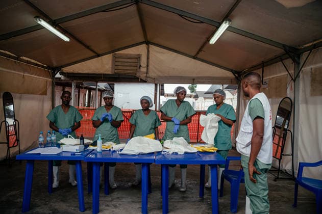 Ebola outbreak in the Democratic Republic of the Congo GOMA, DEMOCRATIC REPUBLIC OF THE CONGO - JUNE 02: Health workers wash and sanitize protective clothing and equipment used by medical staff at the Ebola Treatment Center operated by Doctors Without Borders (MSF) in the Munigi district of Goma, Democratic Republic of the Congo on June 02, 2026. The outbreak, officially declared on May 15, has seen the number of cases surpass 1,000, resulting in 246 fatalities across the country. Stringer Anadolu Goma Democratic Republic of the Congo. Editorial use only. Please get in touch for any other usage.  Copyright: x2026xAnadoluxStringerx
