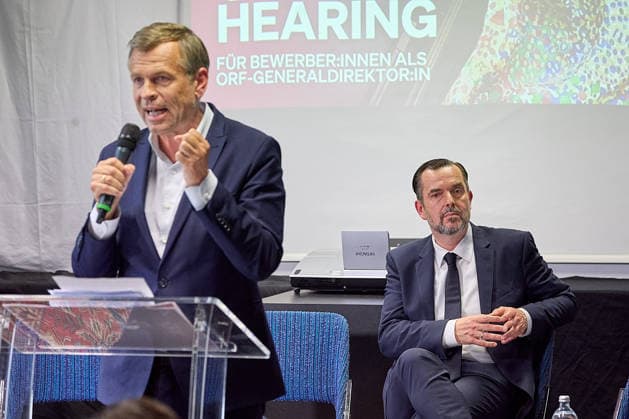 - Wien 02.06.2026 - NEOS Hearing ORF GD Kandidaten- Öffentliches Hearing der Kandidaten für das Amt des ORF-Generaldirektors im ORF-Funkhaus Wien. Insgesamt bewerben sich 13 Kandidaten um die Nachfolge an der Spitze des ORF. 5 von ihnen wurden zu einem öffentlichen Hearing des NEOS Lab eingeladen, um ihre Vorstellungen für die Zukunft des öffentlich-rechtlichen Rundfunks zu präsentieren. PHOTO: (v.L.) Ex-Pro7Sat.1Puls4-Geschäftsführer Markus Breitenecker, Ex-APA-CEO Clemens Pig, Vienna (AUSTRIA) - Candidates for the position of ORF Director General during a public hearing organized by NEOS Lab at the ORF Funkhaus in Vienna. Medienpolitik, Medienreform, Public Service, Digitalisierung, Unabhängigkeit, Medienmanagement, Demokratie, 