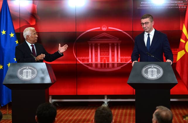 Antonio Costa European Council President during a joint press conference with Hristijan Mickoski Prime Minister of North Macedonia in Skopje, North Macedonia, 2 Juney 2026. IMAGO PETR STOJANOVSKI