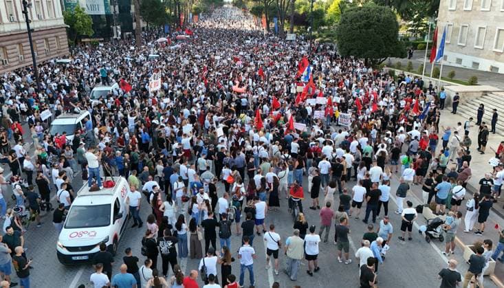 Protests continue in Albania over planned tourism project TIRANA, ALBANIA - JUNE 2: Thousands of demonstrators carrying banners and placards gather at Skanderbeg Square to protest the planned sale of a beach in the Zvernec area of Vlora as part of a tourism development project, in Tirana, Albania on June 2, 2026. Protesters after marched toward the Prime Minister’s Office to voice opposition to the project. Olsi Shehu Anadolu Tirana Albania. Editorial use only. Please get in touch for any other usage.  Copyright: x2026xAnadoluxOlsixShehux