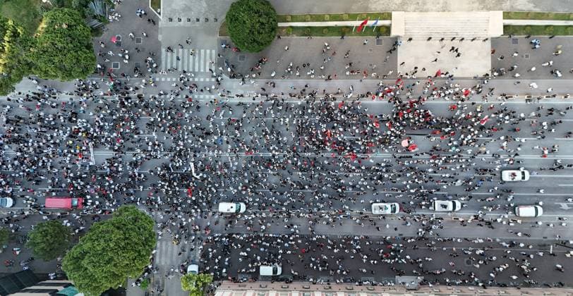 Protests continue in Albania over planned tourism project TIRANA, ALBANIA - JUNE 2: An aerial view of thousands of demonstrators carrying banners and placards gather at Skanderbeg Square as they gather to protest the planned sale of a beach in the Zvernec area of Vlora as part of a tourism development project, in Tirana, Albania on June 2, 2026. Protesters after marched toward the Prime Minister’s Office to voice opposition to the project. Olsi Shehu Anadolu Tirana Albania. Editorial use only. Please get in touch for any other usage.  Copyright: x2026xAnadoluxOlsixShehux