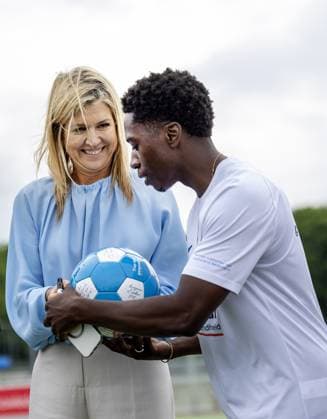 Voorburg, The Netherlands, 2026-06-02 14:55:48 VOORBURG, 02-06-2026, Forum Sport Queen Maxima, Honorary Chair of the MIND Us Foundation, kicks off the The Invisible Injury program by the KNVB and Zilveren Kruis at Forum Sport in Voorburg. The aim of the program is to make mental health a topic of discussion in amateur football. Minister Sterk of Long-Term Care, Youth and Sport is attending the visit. The visit takes place during Mental Health Week. PHOTO: NLBeeld Credit: NL Beeld Patrick van Emst  Copyright: xx x