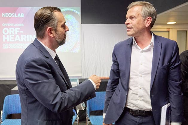 - Wien 02.06.2026 - NEOS Hearing ORF GD Kandidaten- Öffentliches Hearing der Kandidaten für das Amt des ORF-Generaldirektors im ORF-Funkhaus Wien. Insgesamt bewerben sich 13 Kandidaten um die Nachfolge an der Spitze des ORF. 5 von ihnen wurden zu einem öffentlichen Hearing des NEOS Lab eingeladen, um ihre Vorstellungen für die Zukunft des öffentlich-rechtlichen Rundfunks zu präsentieren. PHOTO: (v.L.) Ex-APA-CEO Clemens Pig, Ex-Pro7Sat.1Puls4-Geschäftsführer Markus Breitenecker. Vienna (AUSTRIA) - Candidates for the position of ORF Director General during a public hearing organized by NEOS Lab at the ORF Funkhaus in Vienna. Medienpolitik, Medienreform, Public Service, Digitalisierung, Unabhängigkeit, Medienmanagement, Demokratie, 