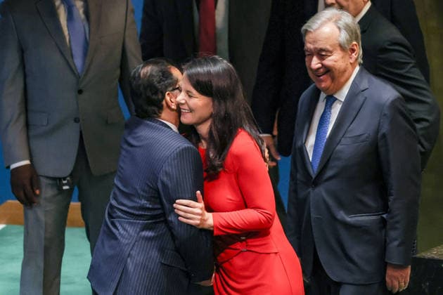 June 2, 2026, New York, New York, USA: President of the General Assembly ANNALENA BAERBOCK embraces KHALILUR RAHMAN of Bangladesh in the General Assembly Hall after he was elected President of the 81st session of the UN General Assembly at UNHQ New York USA  - ZUMAo116 20260602_znp_o116_048 Copyright: xBiancaxOterox