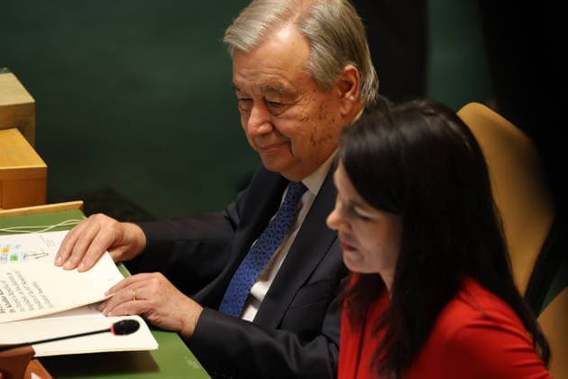 June 2, 2026, New York, New York, USA: United Nations Secretary-General ANTONIO GUTERRES smiles in the General Assembly Hall as President of the General Assembly ANNALENA BAERBOCK speaks before the vote for President of the 81st session of the UN General Assembly at UNHQ in New York. New York USA - ZUMAo116 20260602_znp_o116_019 Copyright: xBiancaxOterox