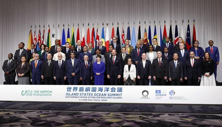 Island States Ocean Summit in Tokyo Leaders and representatives of island nations and relevant organizations pose for a photo as they attend the Island States Ocean Summit in Tokyo on June 3, 2026. Japanese Prime Minister Sanae Takaichi (C, front row) delivered a speech on the first day of the two-day summit, pledging that Japan will continue to assist nations and regions facing challenges stemming from climate change and rising sea levels.  A14AA0005617513P