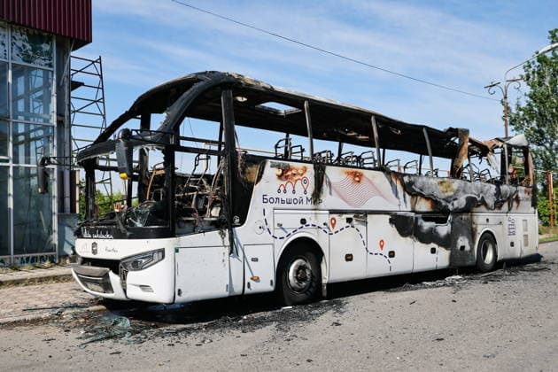 RUSSIA, DONETSK PEOPLE S REPUBLIC - JUNE 3, 2026: A view of a Moscow-to-Simferopol intercity coach after It was hit by a Ukrainian combat drone in Yenakiyevo. According to early reports, seven civilians were killed and 11 more people sustained various injuries. Dmitry Yagodkin TASS  93320179