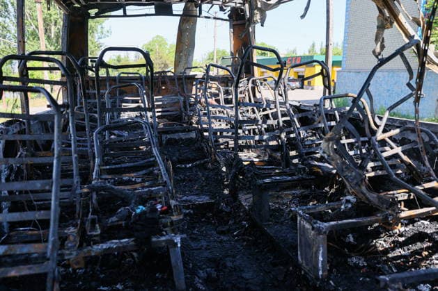 RUSSIA, DONETSK PEOPLE S REPUBLIC - JUNE 3, 2026: A view of a Moscow-to-Simferopol intercity coach after It was hit by a Ukrainian combat drone in Yenakiyevo. According to early reports, seven civilians were killed and 11 more people sustained various injuries. Dmitry Yagodkin TASS  93320554