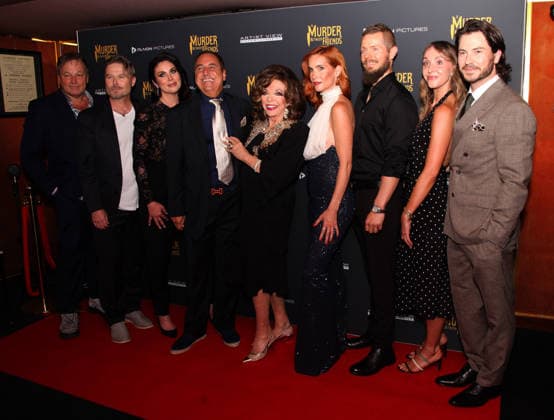 Murder Between Friends premiere London, UK. Joan Collins (centre) with cast and production at the Murder Between Friends premiere. Curzon Mayfair. 2nd June 2026. LMK11-S030626-001 Steve Bealing Landmark Media 