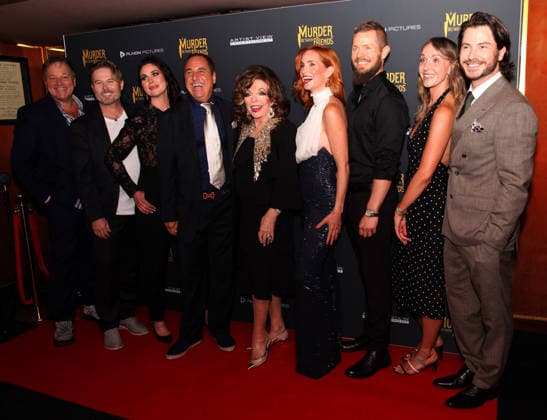 Murder Between Friends premiere London, UK. Joan Collins (centre) with cast and production at the Murder Between Friends premiere. Curzon Mayfair. 2nd June 2026. LMK11-S030626-001 Steve Bealing Landmark Media 
