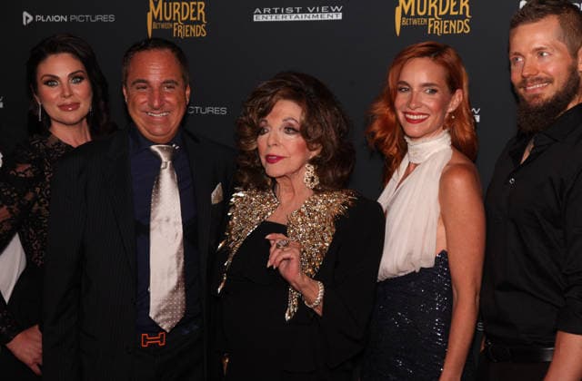 Murder Between Friends premiere London, UK. Joan Collins (centre) with cast and production at the Murder Between Friends premiere. Curzon Mayfair. 2nd June 2026. LMK11-S030626-001 Steve Bealing Landmark Media 