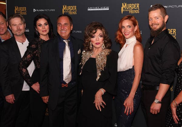 Murder Between Friends premiere London, UK. Joan Collins (centre) with cast and production at the Murder Between Friends premiere. Curzon Mayfair. 2nd June 2026. LMK11-S030626-001 Steve Bealing Landmark Media 