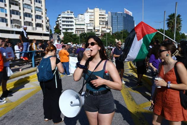 June 3, 2026, Piraeus, Greece: Demonstrators gather at the port of Piraeus to protest the arrival of a cruise ship carrying Israeli tourists. Protesters expressed solidarity with Palestinians and opposition to IsraelÃ¢â‚¬â ¢s military operations in Gaza, holding banners and chanting slogans as the vessel docked in GreeceÃ¢â‚¬â ¢s largest port. Piraeus Greece - ZUMAv62_ 20260603_zaf_v62_014 Copyright: xAristidisxVafeiadakisx