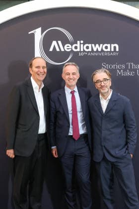 Xavier Niel, Emmanuel Grégoire, Mayor of Paris, Pierre Antoine Capton, CEO of Mediawan Photocall from Mediawans 10th anniversary event in Paris on 2 June 2026 Jack Tribeca Bestimage Photo opportunity from Mediawans 10th anniversary event in Paris on 2 June 2026 Paris France  Copyright: xJackxTribecax xBestimagexJackxTribecax xBestimagex