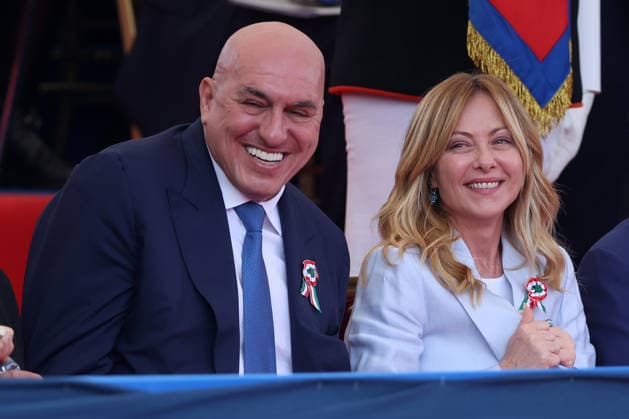 June 2, 2026, Rome, Italy: (L to R) Guido Crosetto seen joking with Giorgia Meloni during the parade.. Heads of state and government attended the 80th Anniversary of Republic Day celebrations and the traditional military parade through the Imperial Fora. The ceremony, which pays homage to the values ??of the Republic and the Armed Forces, took place in the heart of the capital before the highest Italian institutional officials and international delegations. Rome Italy  - ZUMAs197 20260602_aaa_s197_203 Copyright: xMarcoxIacobuccix