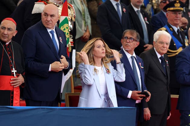 June 2, 2026, Rome, Italy: (L to R) Cardinal Baldassare Reina, Guido Crosetto seen joking with Giorgia Meloni, Ignazio La Russa and Sergio Mattarella during the parade. Heads of state and government attended the 80th Anniversary of Republic Day celebrations and the traditional military parade through the Imperial Fora. The ceremony, which pays homage to the values ??of the Republic and the Armed Forces, took place in the heart of the capital before the highest Italian institutional officials and international delegations. Rome Italy  - ZUMAs197 20260602_aaa_s197_215 Copyright: xMarcoxIacobuccix