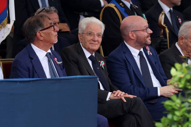 June 2, 2026, Rome, Italy: (L to R) Ignazio La Russa, Sergio Mattarella and Lorenzo Fontana seen during the event. Heads of state and government attended the 80th Anniversary of Republic Day celebrations and the traditional military parade through the Imperial Fora. The ceremony, which pays homage to the values ??of the Republic and the Armed Forces, took place in the heart of the capital before the highest Italian institutional officials and international delegations. Rome Italy  - ZUMAs197 20260602_aaa_s197_223 Copyright: xMarcoxIacobuccix