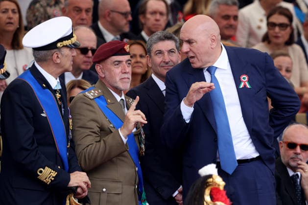 June 2, 2026, Rome, Italy: (L to R) Admiral Giuseppe Berutti Bergotto, Commander of the Italian Army Carmine Masiello and Minister of Defense Guido Crosetto seen during the parade. Heads of state and government attended the 80th Anniversary of Republic Day celebrations and the traditional military parade through the Imperial Fora. The ceremony, which pays homage to the values ??of the Republic and the Armed Forces, took place in the heart of the capital before the highest Italian institutional officials and international delegations. Rome Italy  - ZUMAs197 20260602_aaa_s197_233 Copyright: xMarcoxIacobuccix