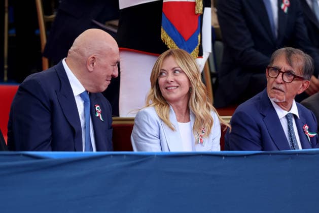 June 2, 2026, Rome, Italy: (L to R) Guido Crosetto seen joking with Giorgia Meloni and Ignazio La Russa during the event. Heads of state and government attended the 80th Anniversary of Republic Day celebrations and the traditional military parade through the Imperial Fora. The ceremony, which pays homage to the values ??of the Republic and the Armed Forces, took place in the heart of the capital before the highest Italian institutional officials and international delegations. Rome Italy  - ZUMAs197 20260602_aaa_s197_232 Copyright: xMarcoxIacobuccix