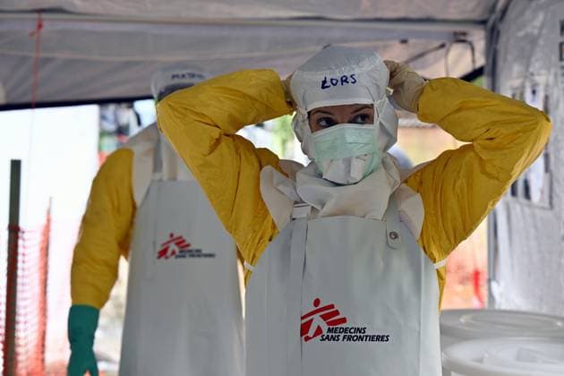 An ebola virus treatment training center, organized by the Medecins Sans Frontieres - Artsen Zonder Grenzen humanitarian charity in Brussels, visited on Wednesday 03 June 2026. The training covers putting on and taking off protective suits, caring for patients, and handling deaths.  ERICxLALMAND 175810128