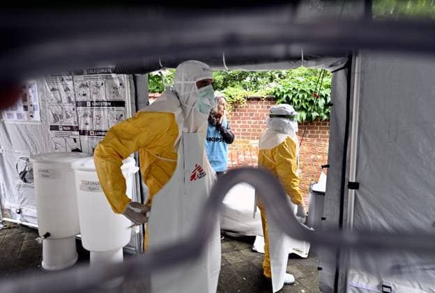 An ebola virus treatment training center, organized by the Medecins Sans Frontieres - Artsen Zonder Grenzen humanitarian charity in Brussels, visited on Wednesday 03 June 2026. The training covers putting on and taking off protective suits, caring for patients, and handling deaths.  ERICxLALMAND 175810129