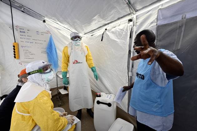 An ebola virus treatment training center, organized by the Medecins Sans Frontieres - Artsen Zonder Grenzen humanitarian charity in Brussels, visited on Wednesday 03 June 2026. The training covers putting on and taking off protective suits, caring for patients, and handling deaths.  ERICxLALMAND 175810493